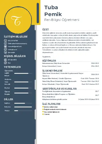 Fen Bilgisi Öğretmeni CV Örnekleri cv indir